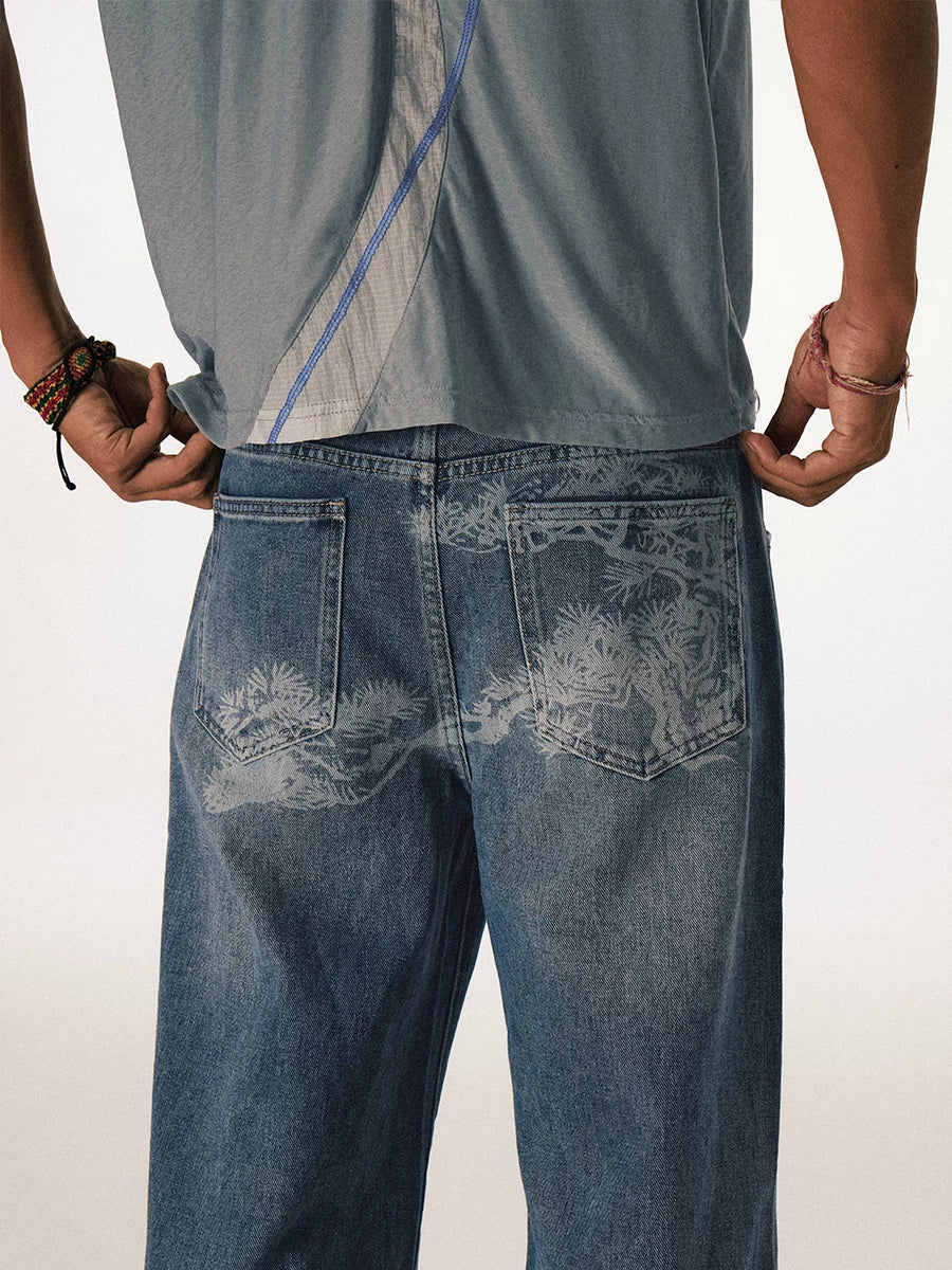 CONP Laser Landscape Burning Flower Slightly Pulled Jeans