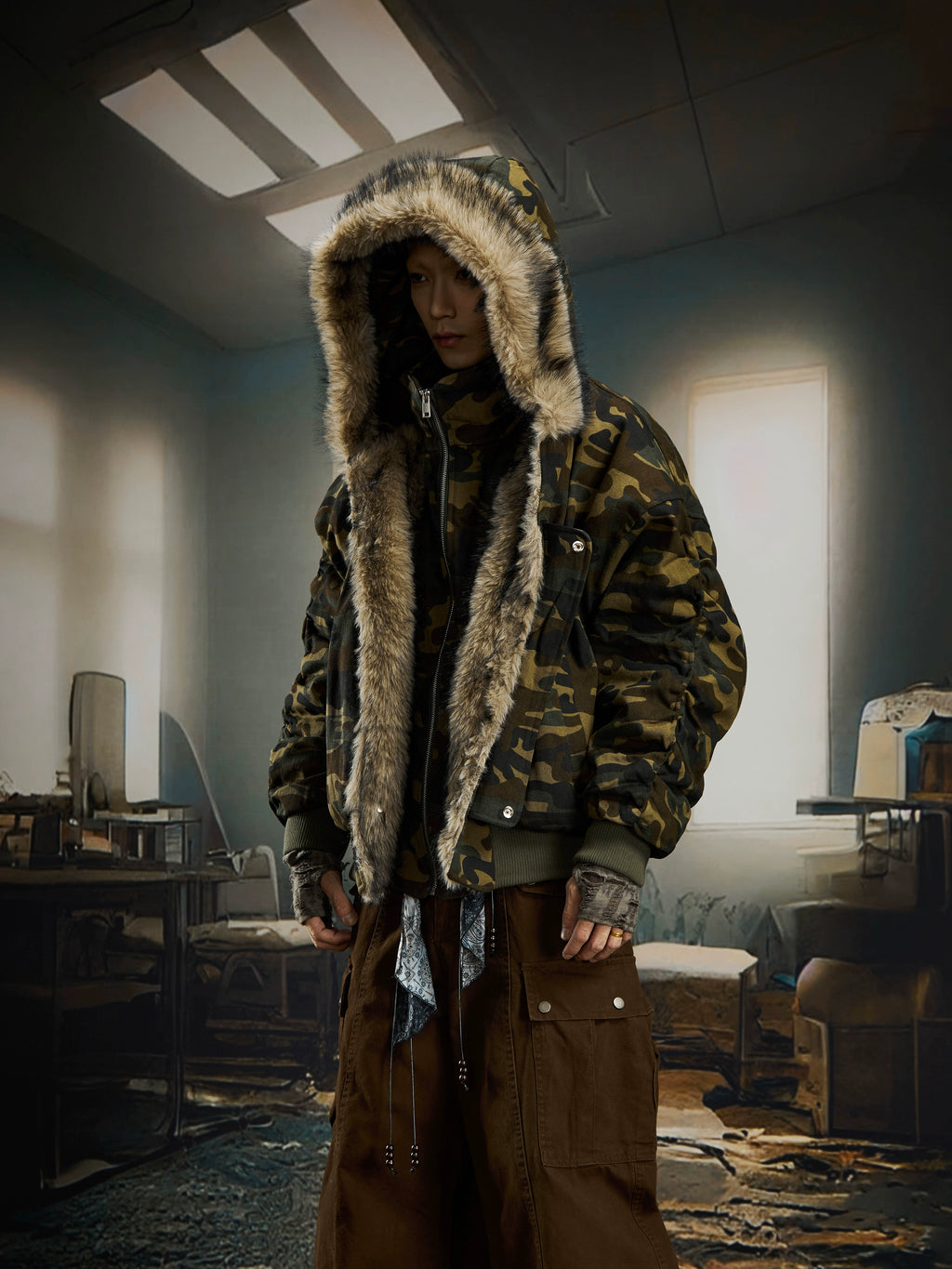 NOMANIAI Camouflage Stand-up Collar Hooded Flight Jacket