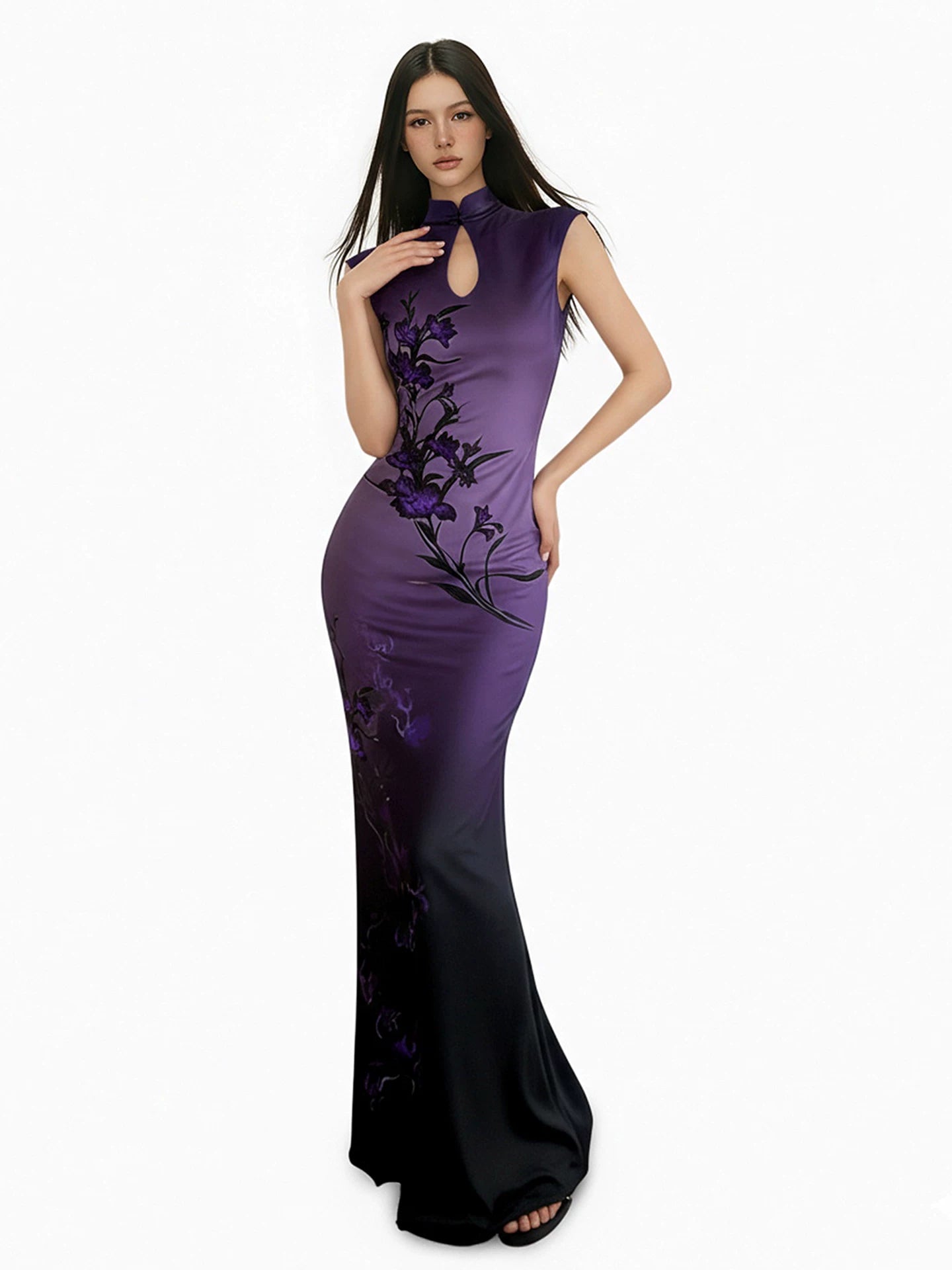FUNOFF Retro Floral Gradual Change Cheongsam Dress