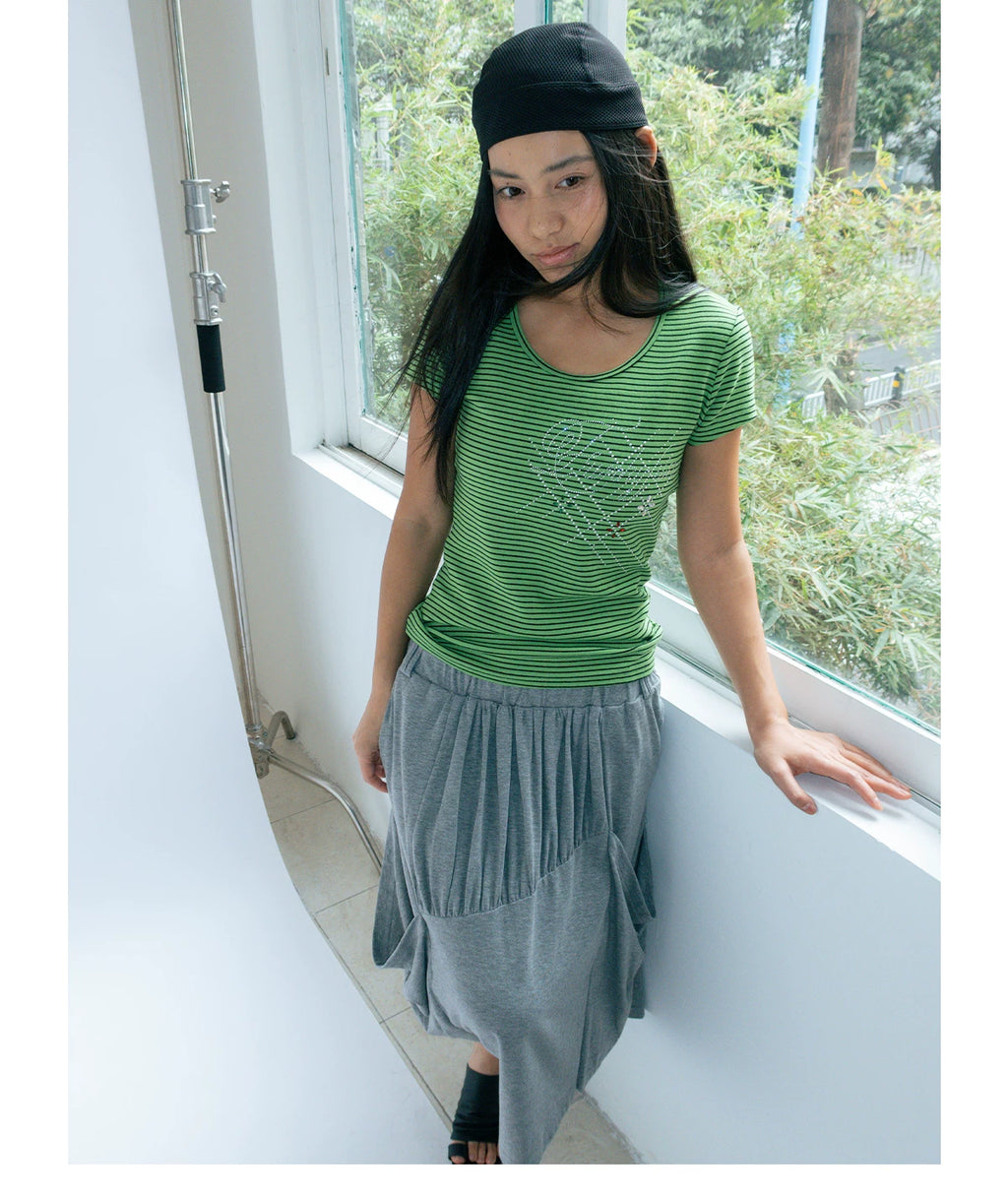 FUNKYFUN Hot Diamond Striped Front Shoulder Tee