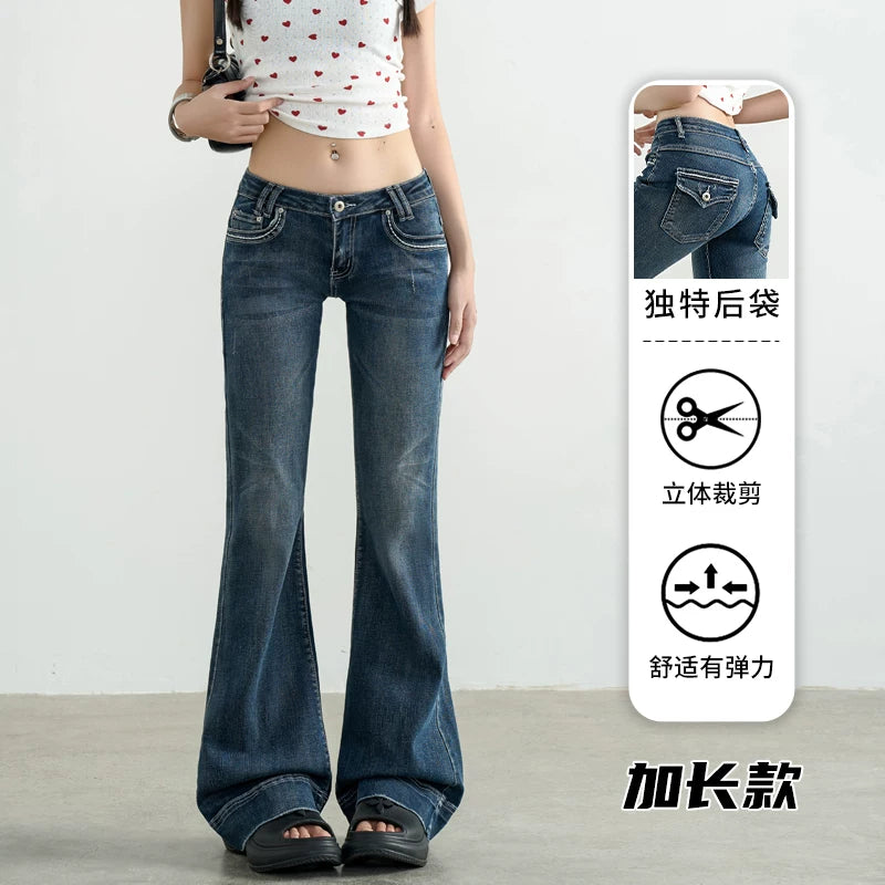 TGXQ Fleece Retro Elastic Ultra-low Waist Micro-pull Jeans