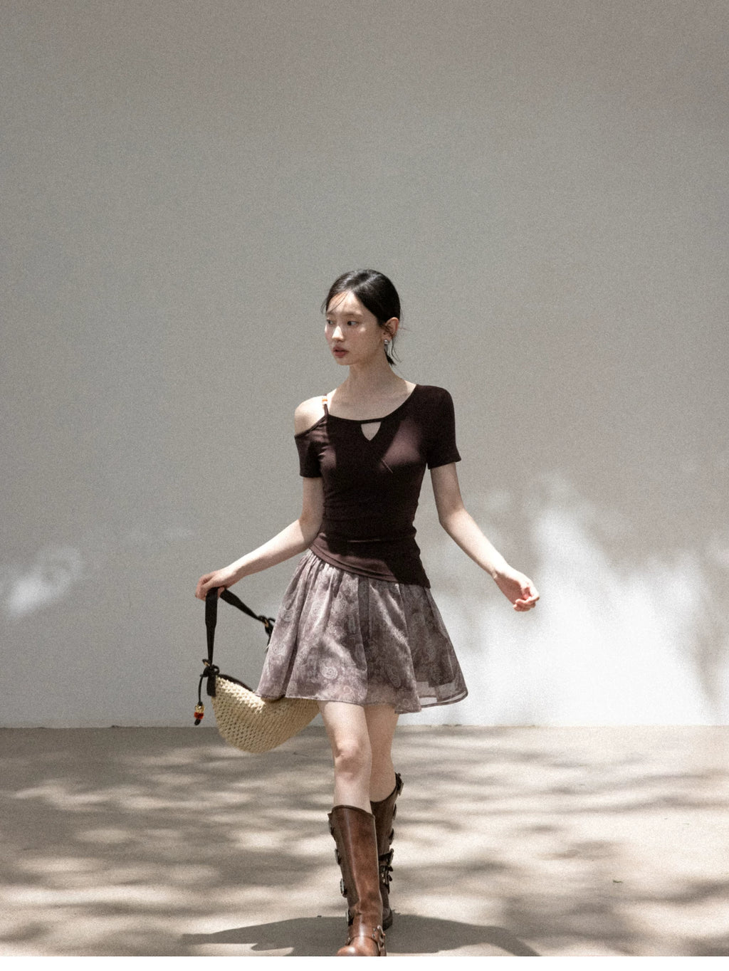 Cantonstory Slanted Shoulder Beaded Slim Tee Skirt Set