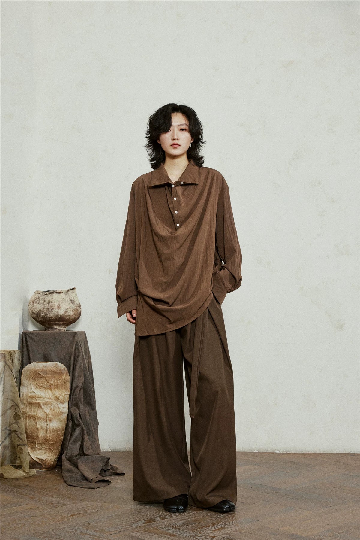 SUNYVONNE Minimalist Double Belt Wide-leg Suit Pants