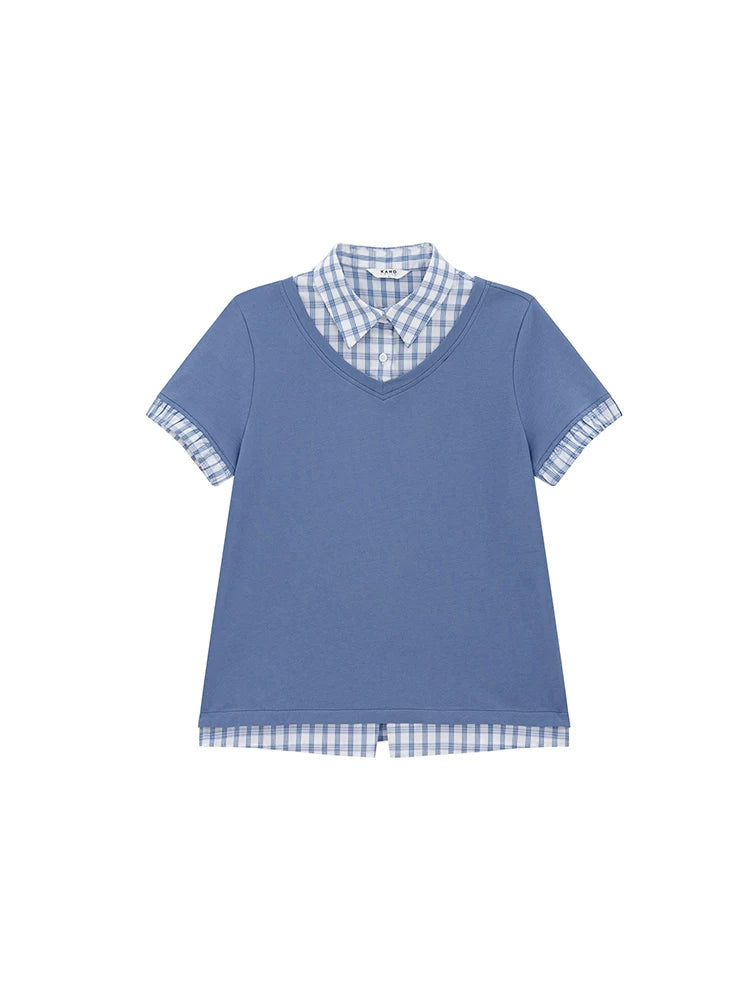 KANO Contrasting Color Lattice Splicing Fake Two-piece Tee