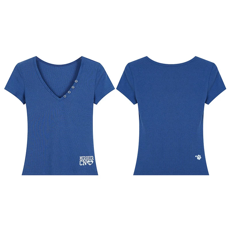 EAHO V-neck Button Letter Print Slim Tee