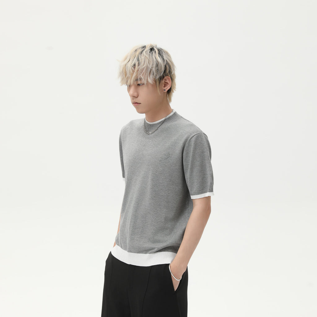MTLCLOTHES Korean Version of Round Neck Knitted Fake Two-piece Color Matching Tee