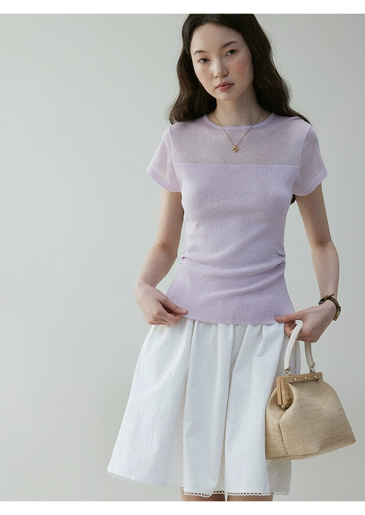 VOOE Mesh Splicing Semi-transparent Crew Neck Knitted Tee