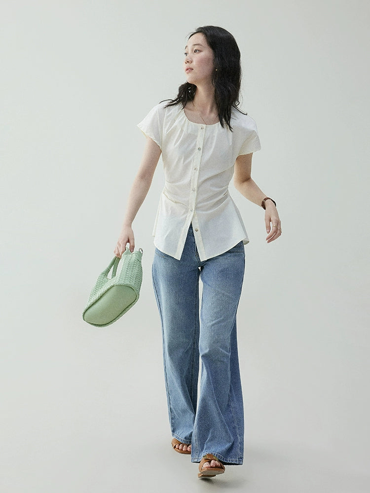 VOOE Crew Neck Waist Pleated Strap-on Shirt