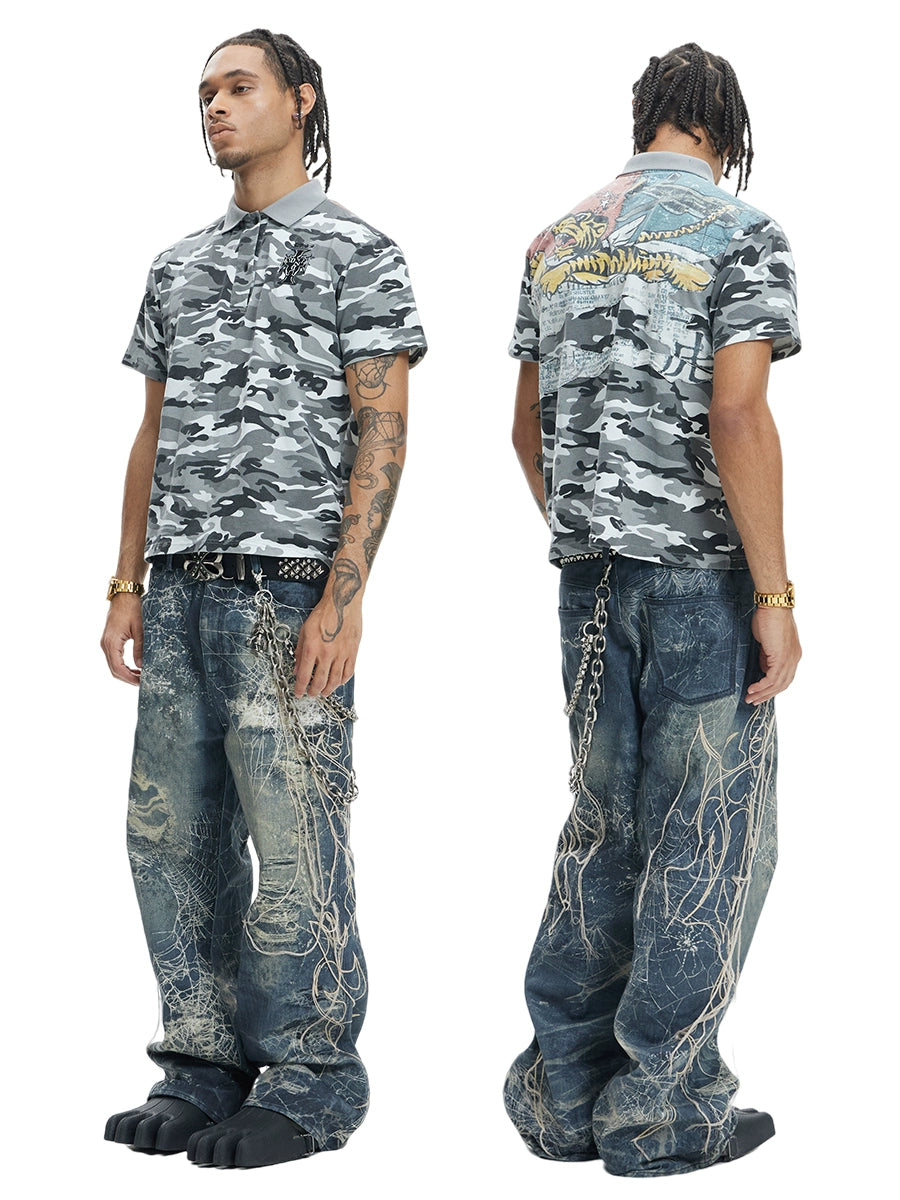 DND4DES Flying Tiger Printed Patch Splicing Camouflage POLO Shirt