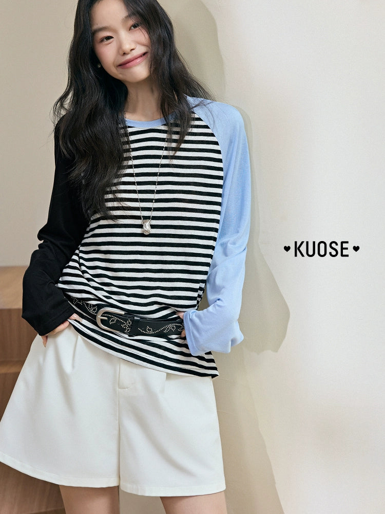 Kuose Striped Shoulder Sleeves Splicing Long Sleeves
