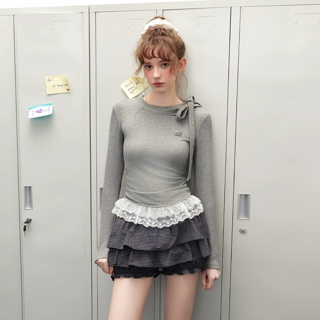 UNIFREE Bow Strap Simple Versatile Lace Edge Long Sleeve