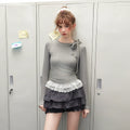 UNIFREE Bow Strap Simple Versatile Lace Edge Long Sleeve