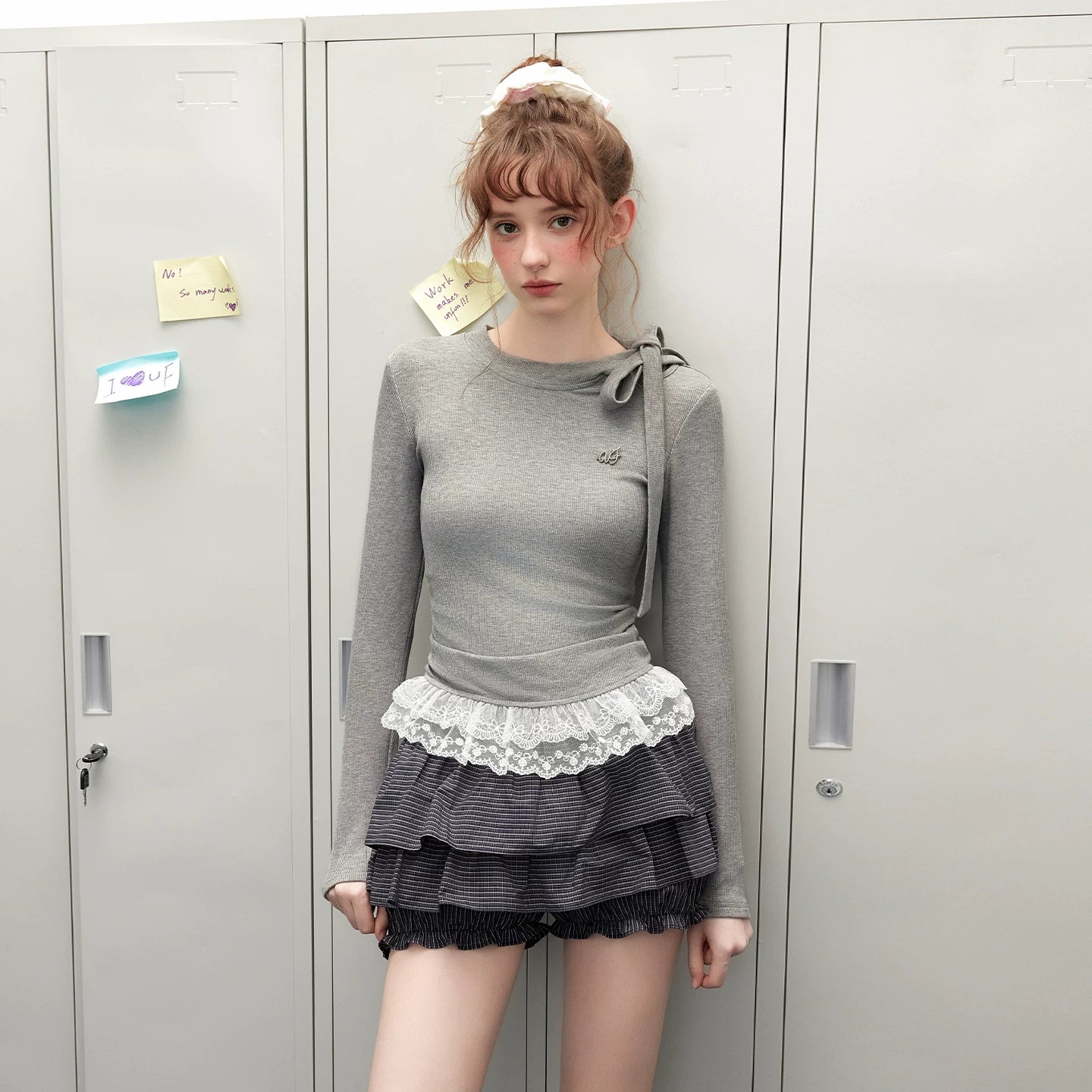 UNIFREE Bow Strap Simple Versatile Lace Edge Long Sleeve