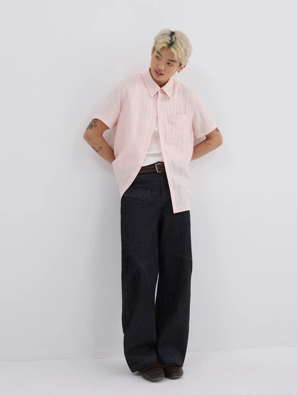 Sameuoo Detachable Collar Casual Short-sleeved Shirt