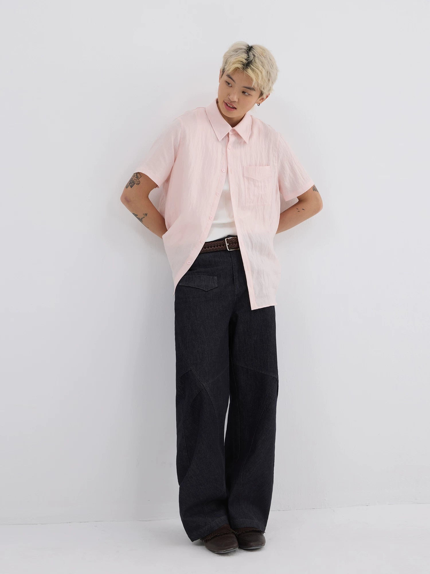 Sameuoo Detachable Collar Casual Short-sleeved Shirt