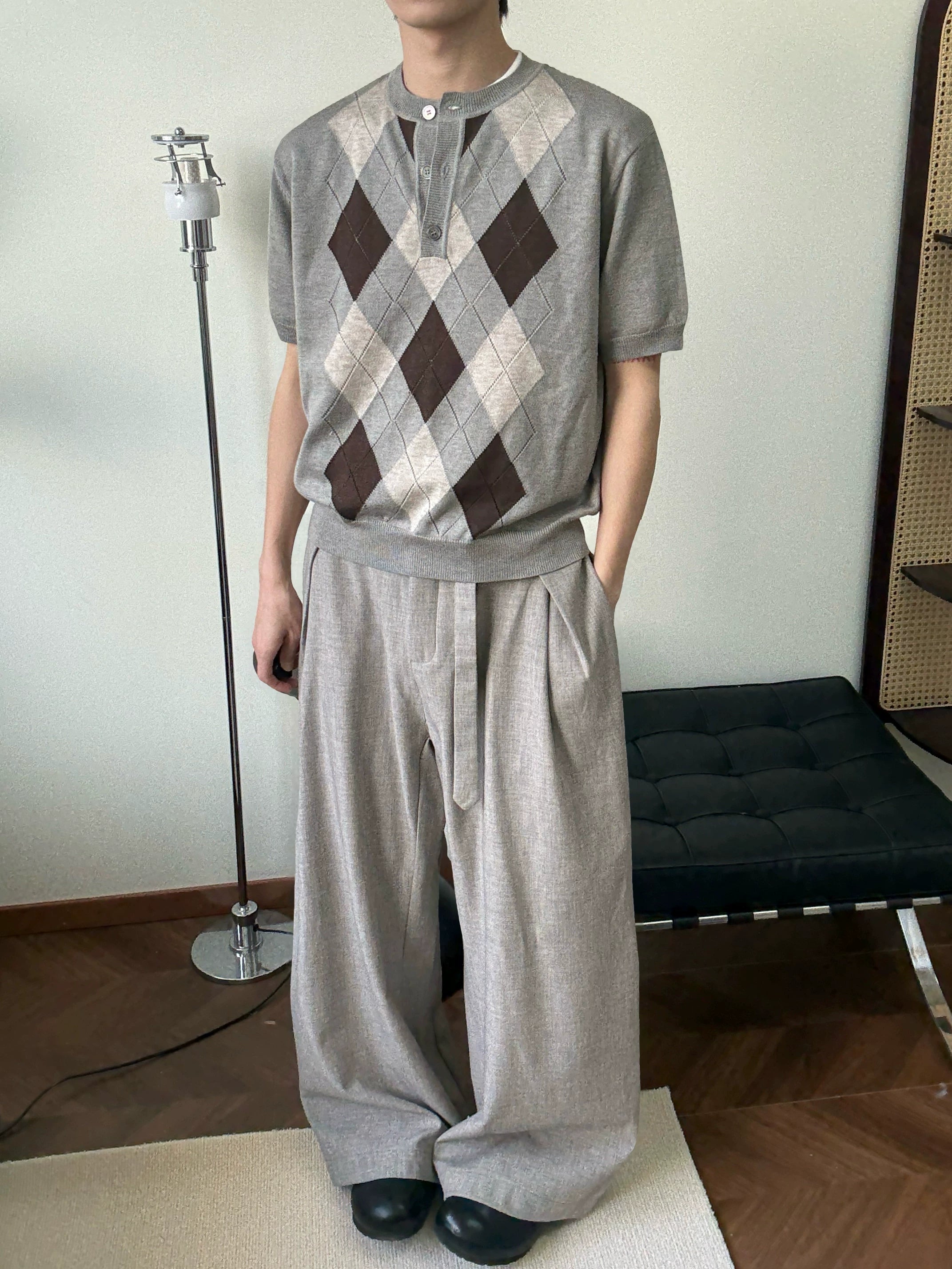 TAICHIISM Rhombus Knitted Splicing Plaid POLO Knitted Tee