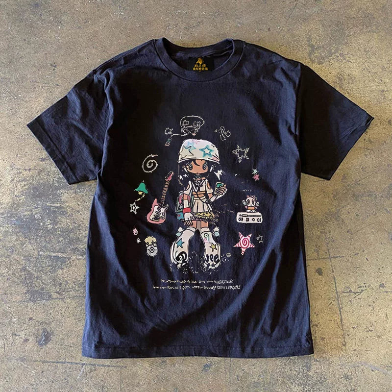 UPUPXIA Cartoon Print Crew Neck Loose Tee