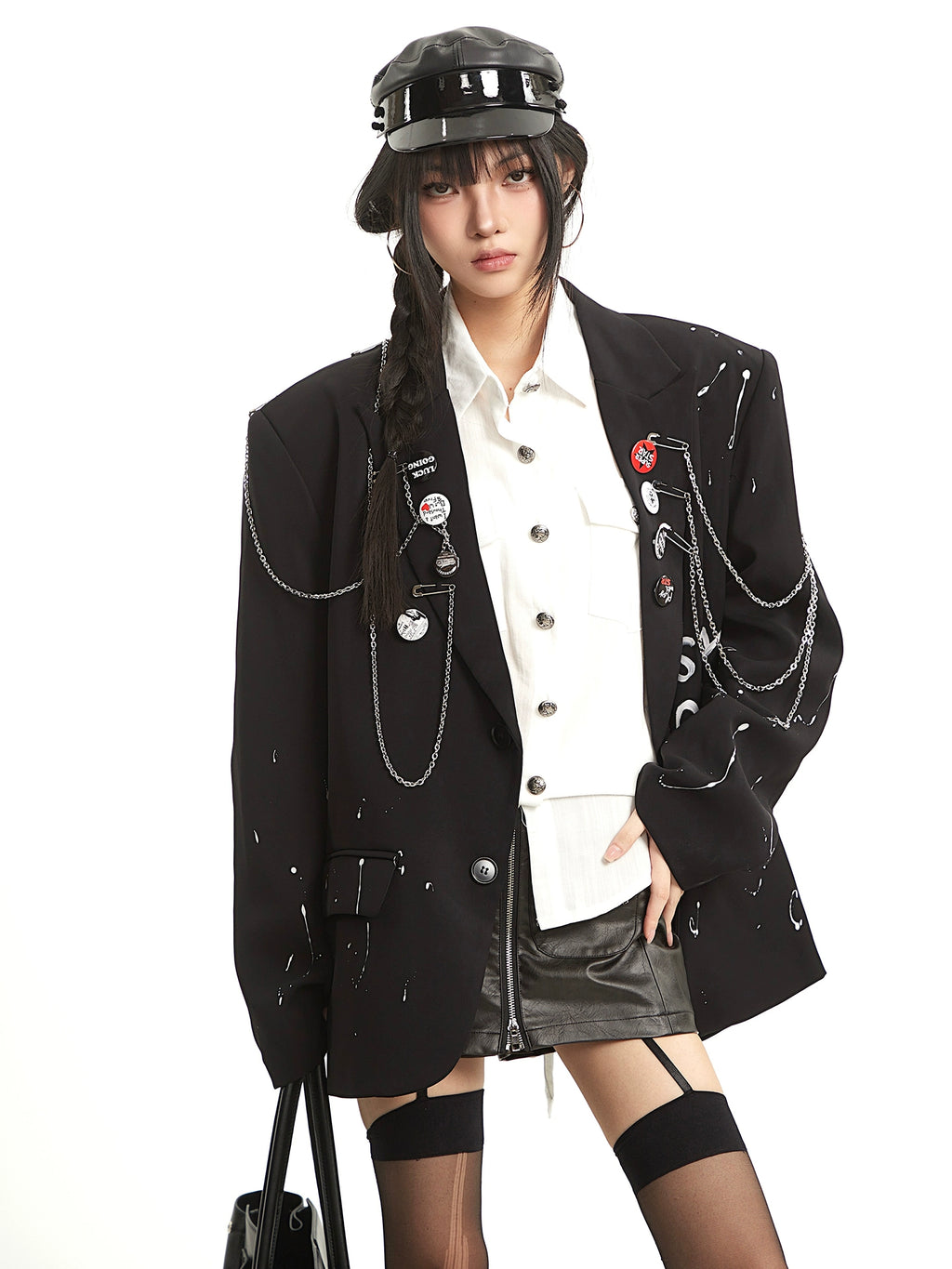 UNCMHISEX Chain Front Shoulder Loose Blazer