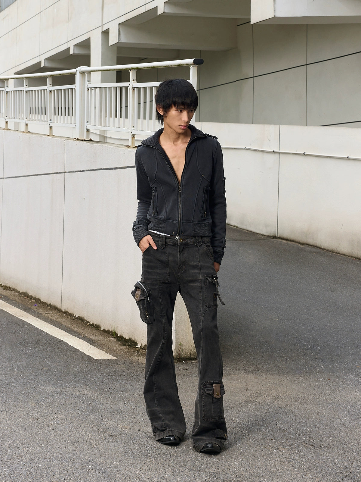Lightinus  Rivet Make Old Stand Collar Slim Fit Jacket