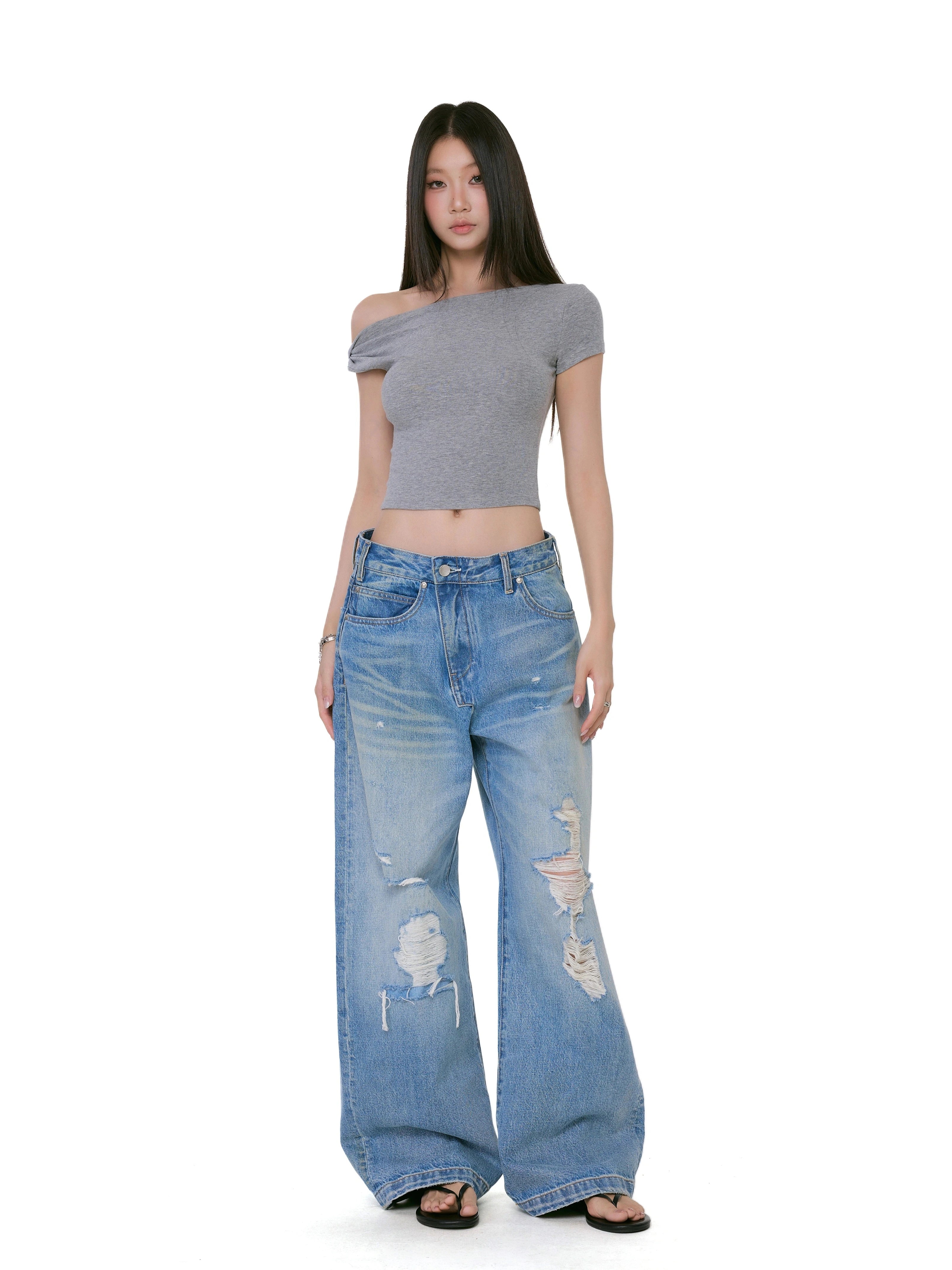 WITHMIN Low-rise Versatile Ripped Straight Wide-leg Pants