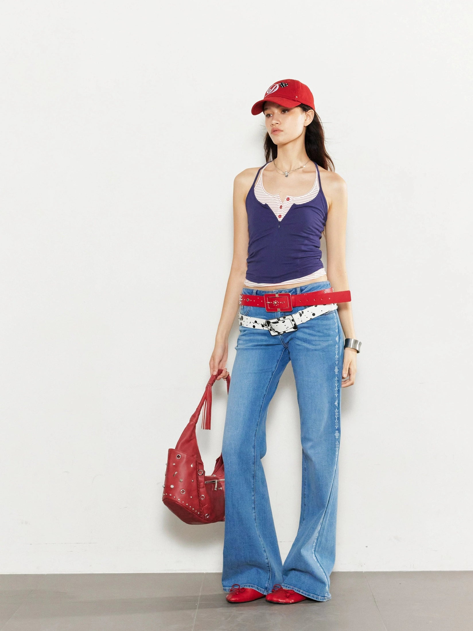 2Th Desire Vintage Contrast Red Stripe Hot Diamond Totem Print Jeans