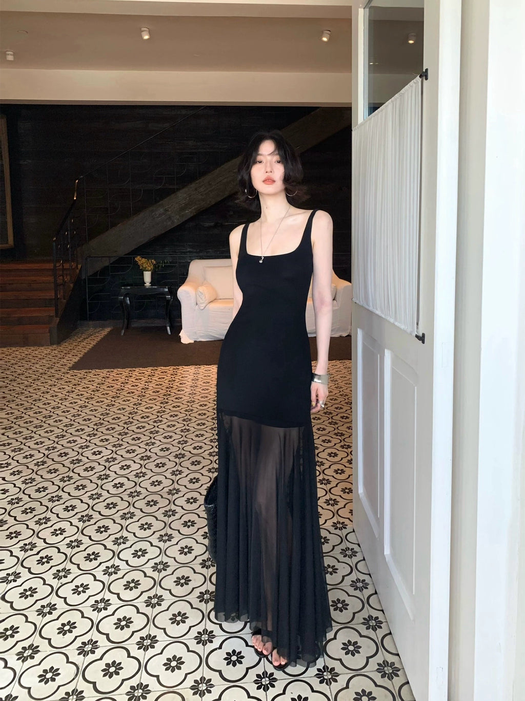 KELIFAN Slightly Sheer Pleated Vest Camisole Dress