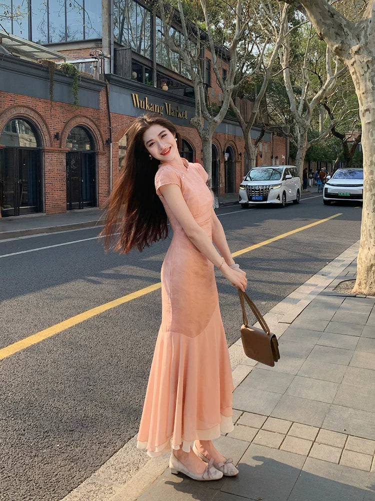 ZIHE Retro Stand-up Neck Splicing Dress