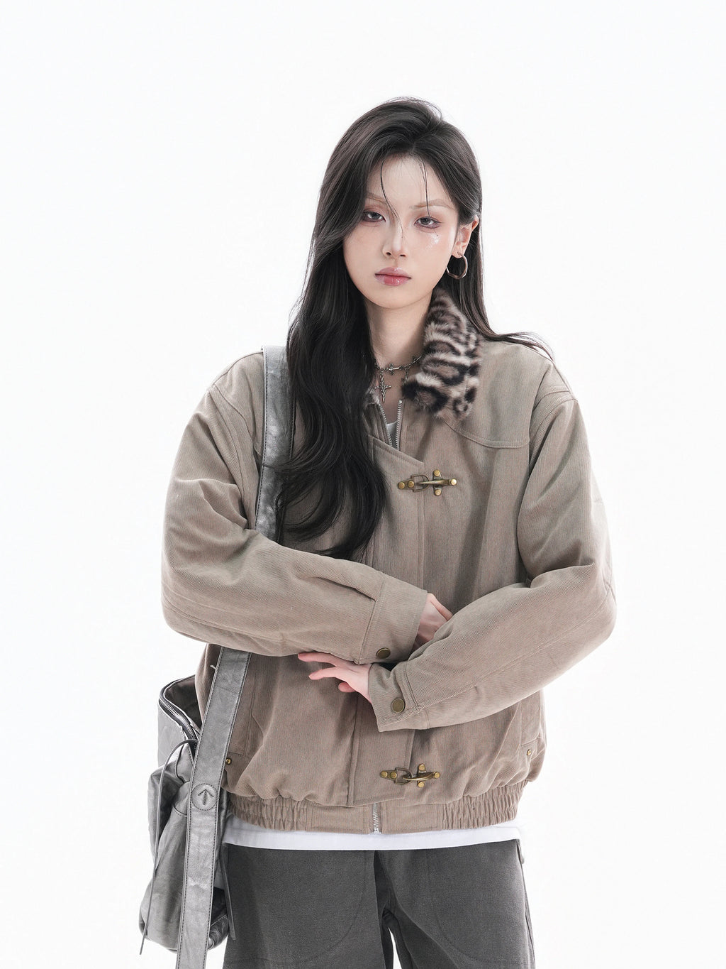 Zuocisankon Vintage Leopard Print Fur Collar Jacket