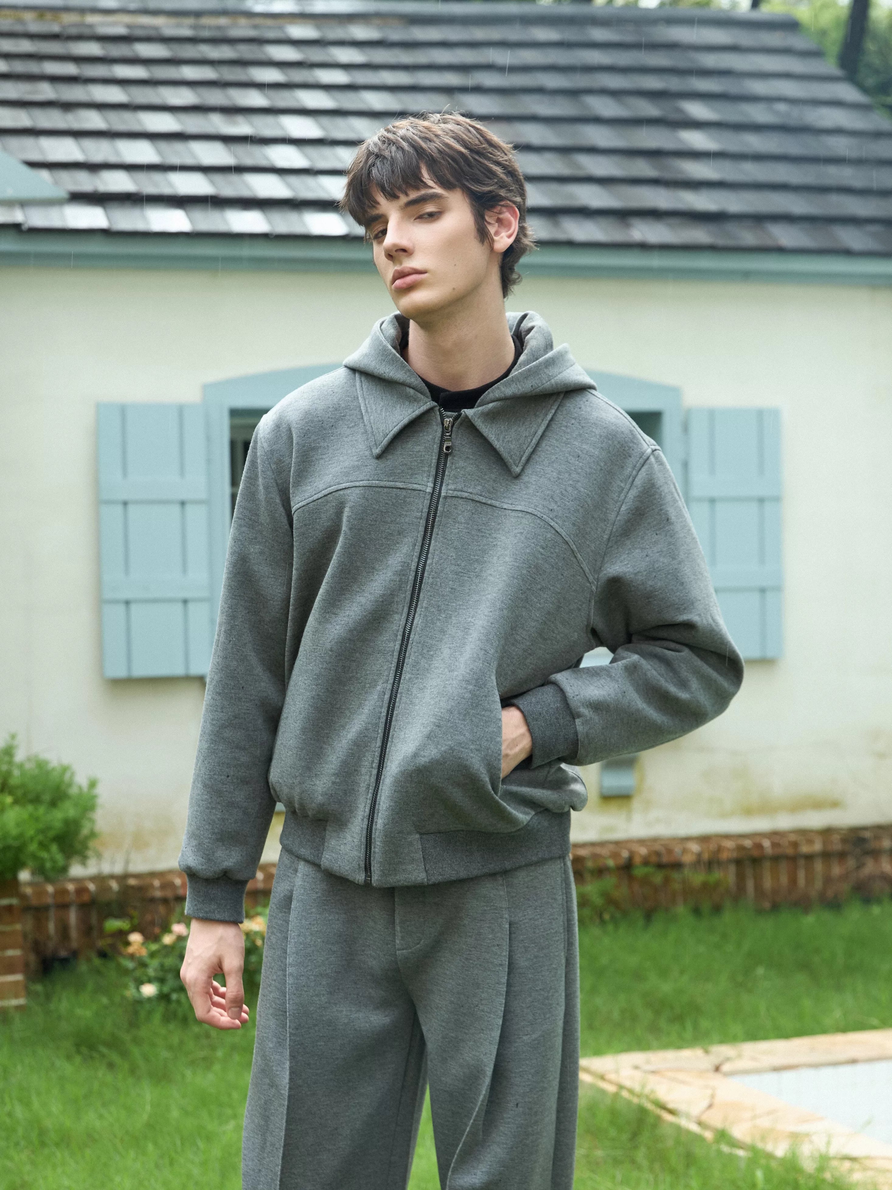 Stay The Night Double Neck Front Shoulder Hooded Sweater Jacket