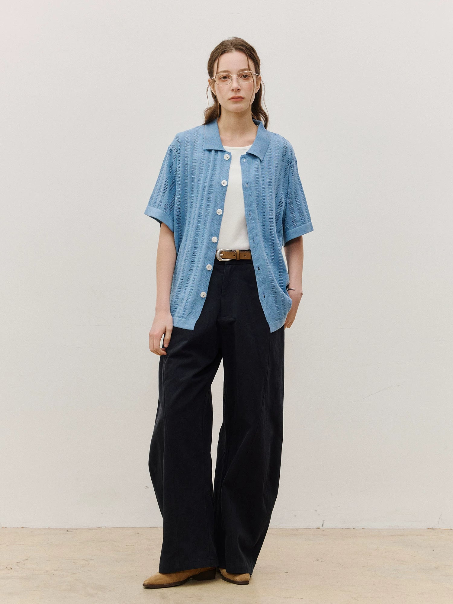 LR MADE Hollow Breathable Short-sleeved Knitted Shirt