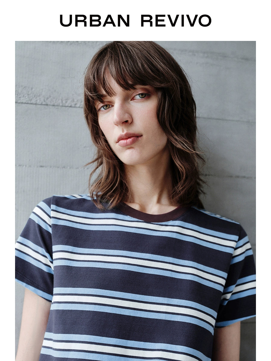 URBAN REVIVO Casual Contrasting Striped Crew Neck Tee