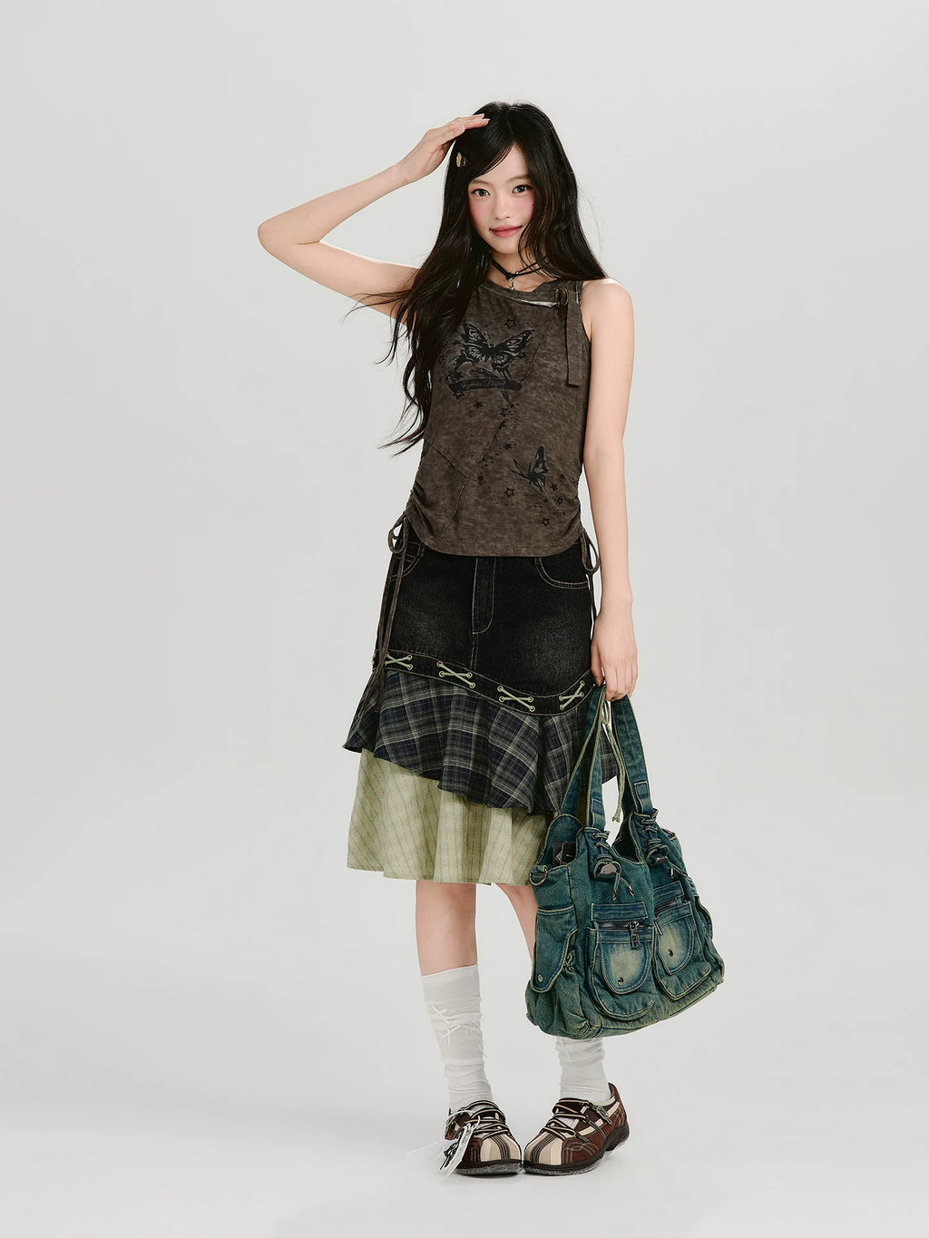 Girlyhalo Vintage Multi-layer Patchwork Denim Skirt