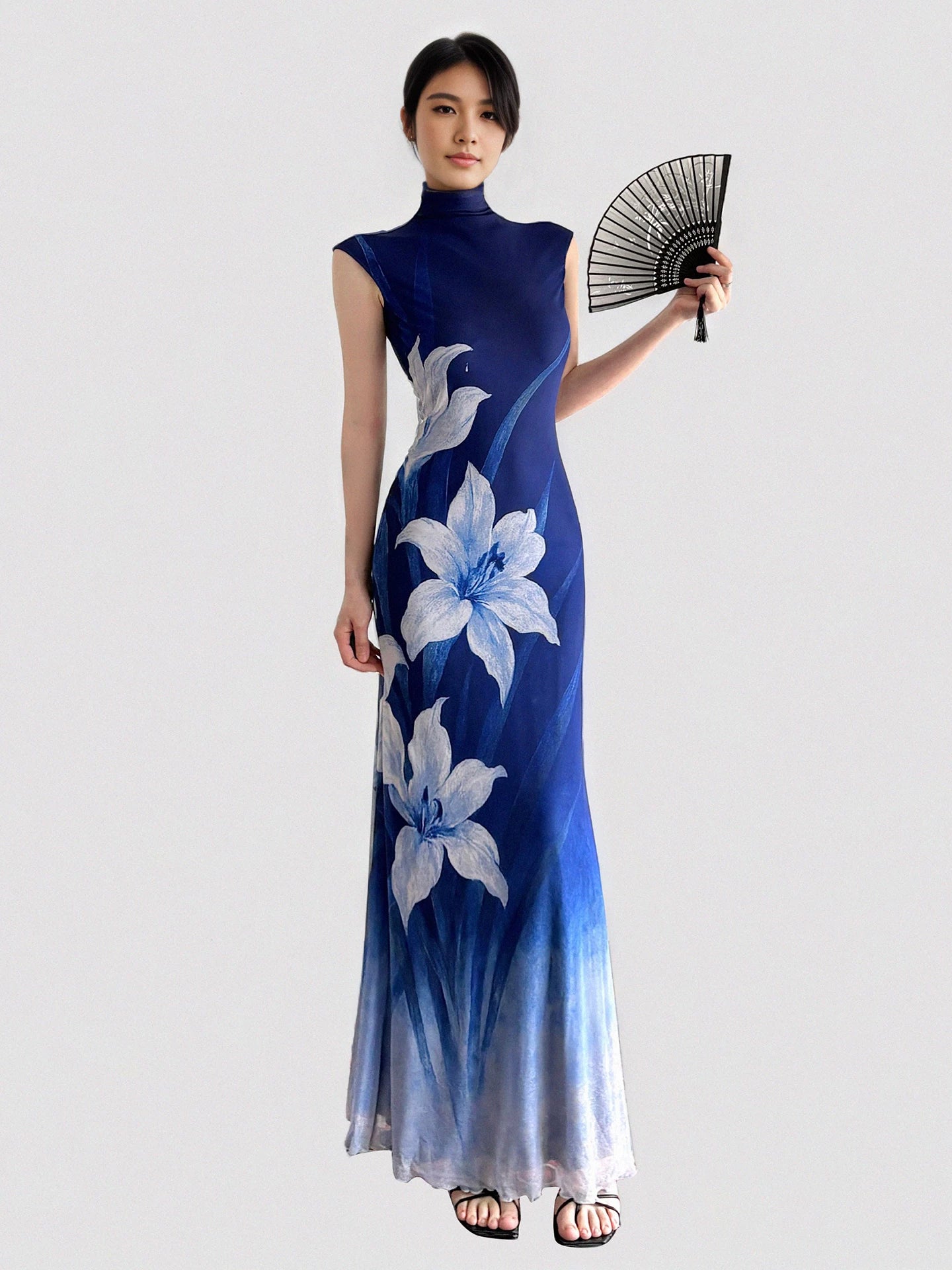 FUNOFF Retro Flower Gradual Change Waist Mesh Dress