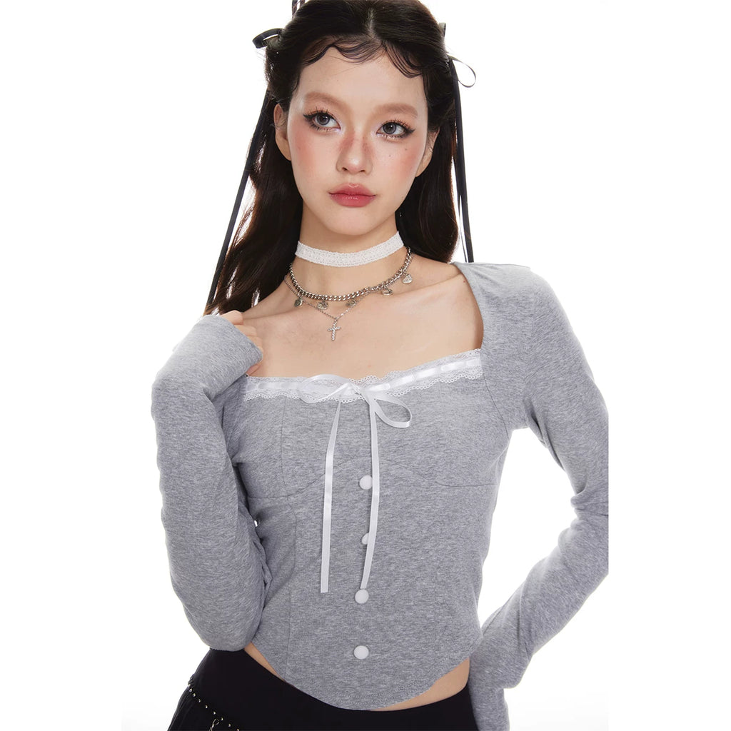 Imone Vintage Lace Bow Square Neck Long Sleeve