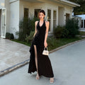 Instunning V-neck Neck Hot Drill Waist Split Dress