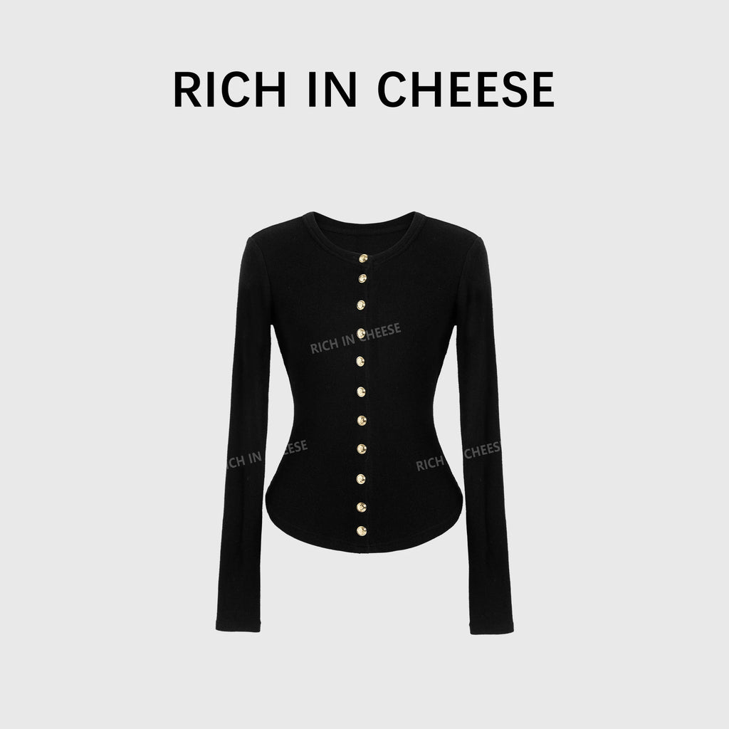 RICH IN CHEESE Metal Buckle Premium Crew-neck Knitted Cardigan