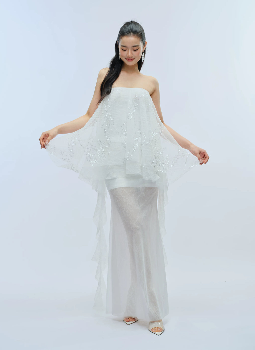 J TheChosen Pleated Sequined Streamer Lace Mesh Skirt Set