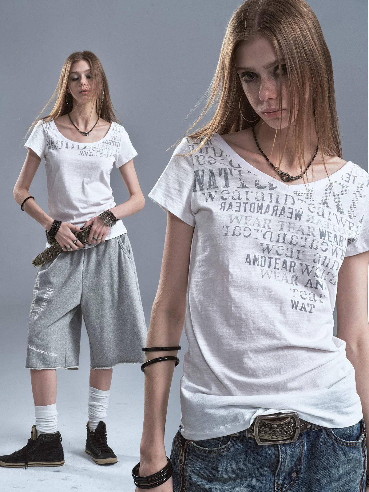 WearAndtear Round Neck V-neck Letter Print Slim Tee