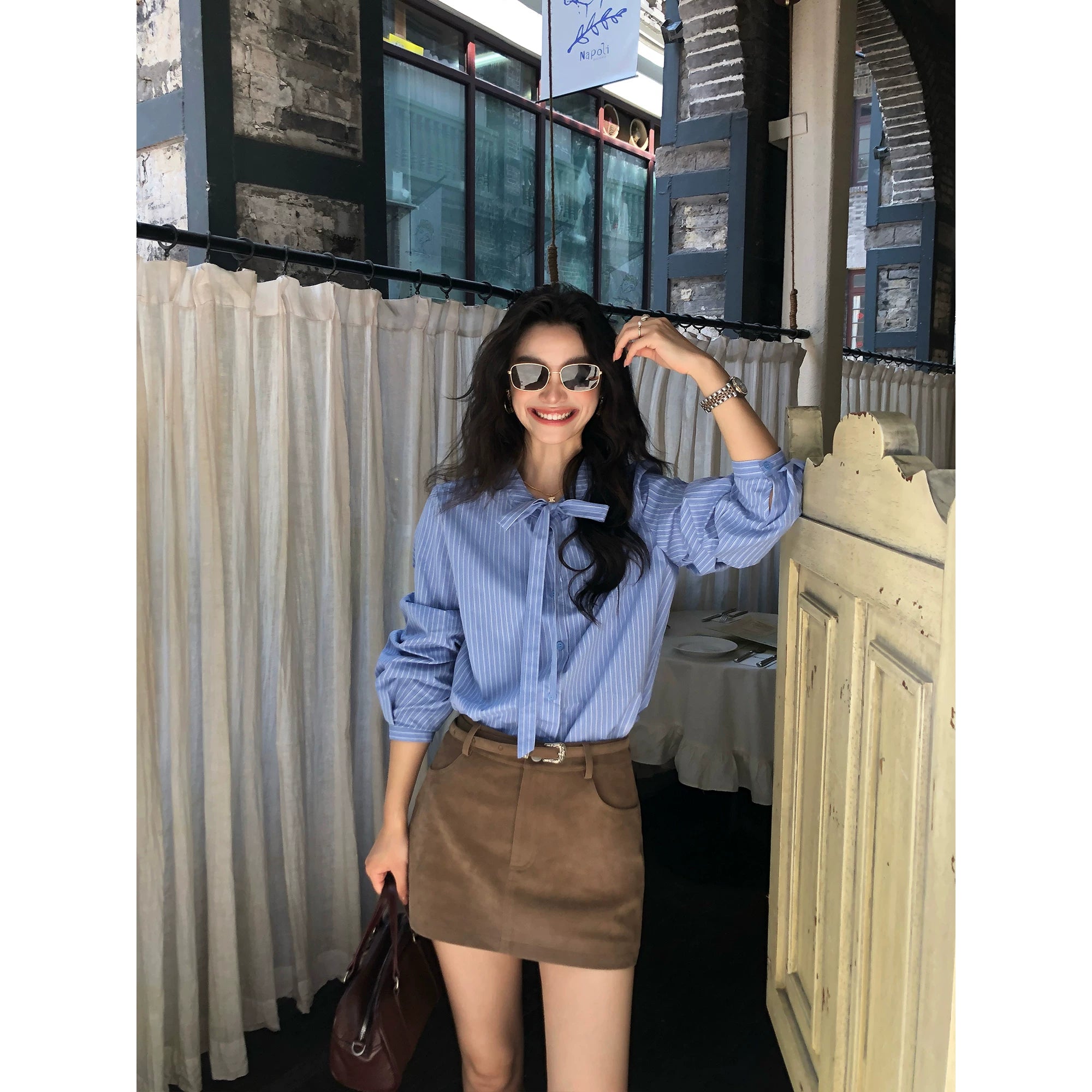 Pusumede Bow Strap Striped Shirt