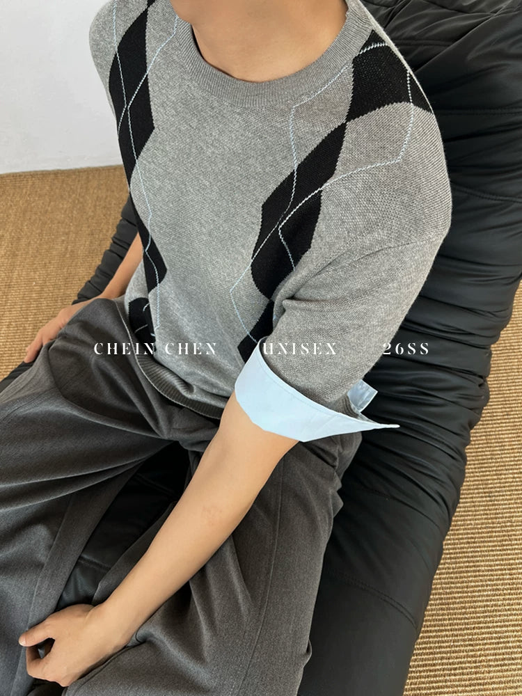 Chein Rhombus Shirt Collar Fake Two-piece Knitted Sweater