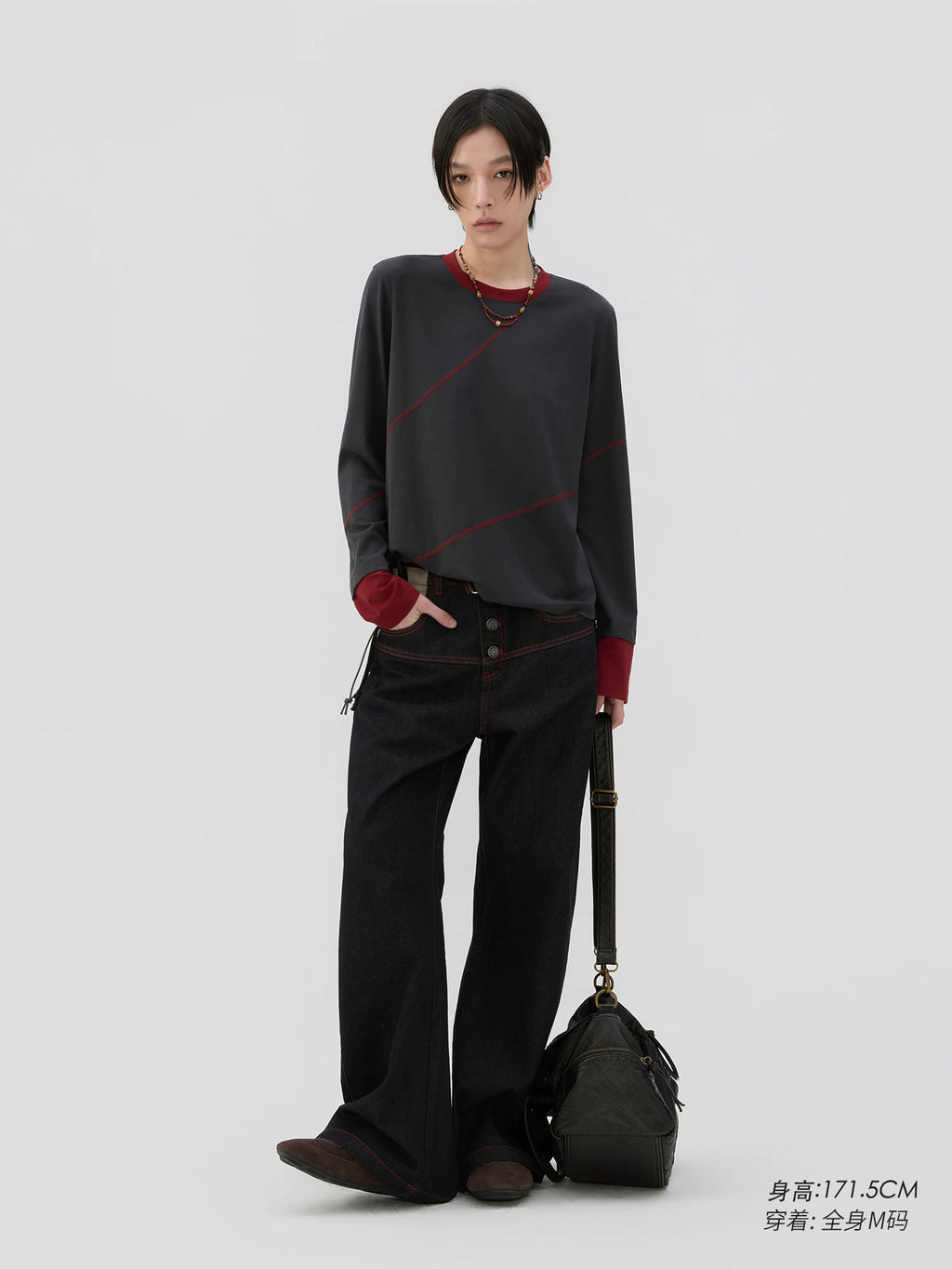Sameuoo Fake Two Pieces Crew Neck Long Sleeve