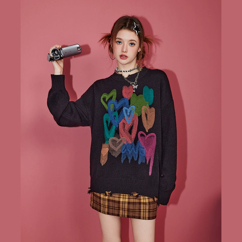 UNIFREE Lazy Style Crew Neck Thickened Ripped Knitted Sweater