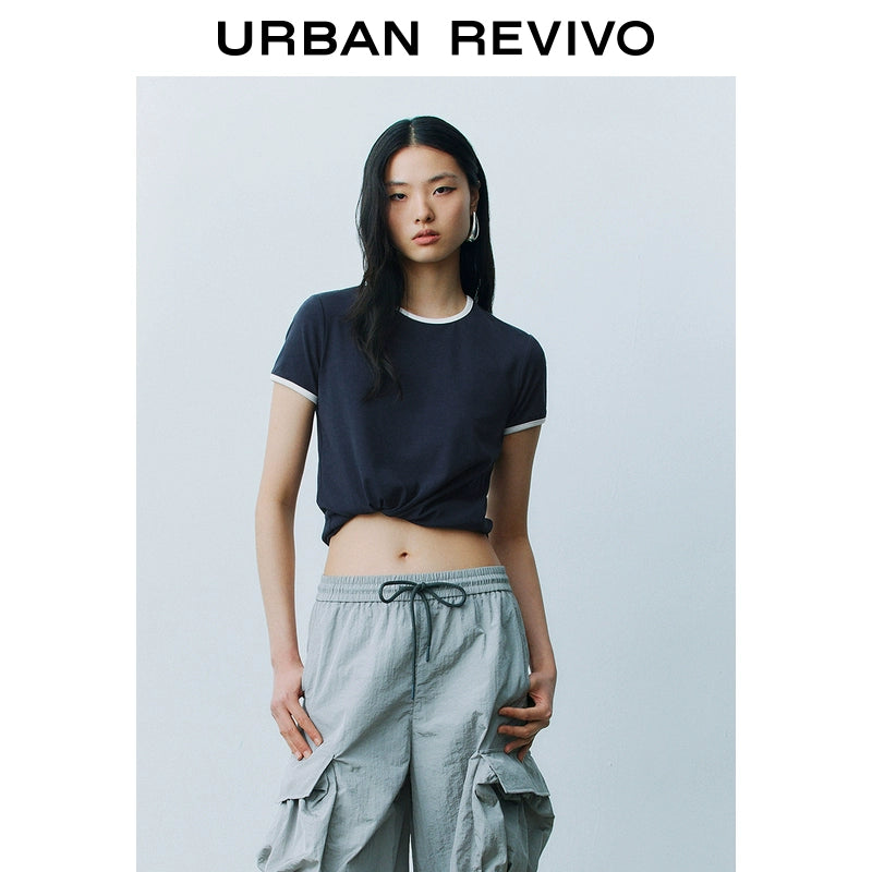 URBAN REVIVO Casual Contrasting Lines Crew Neck Short Sleeve T-Shirt