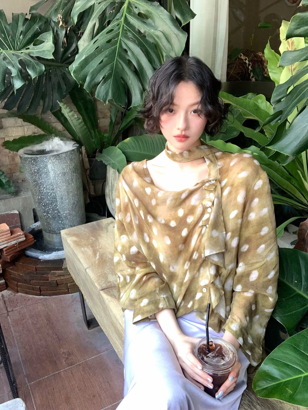 KELIFAN Vintage Polka Dot Lace-Up Lantern Sleeve Long Sleeve