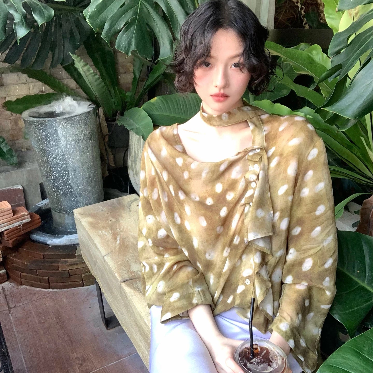 KELIFAN Vintage Polka Dot Lace-Up Lantern Sleeve Long Sleeve
