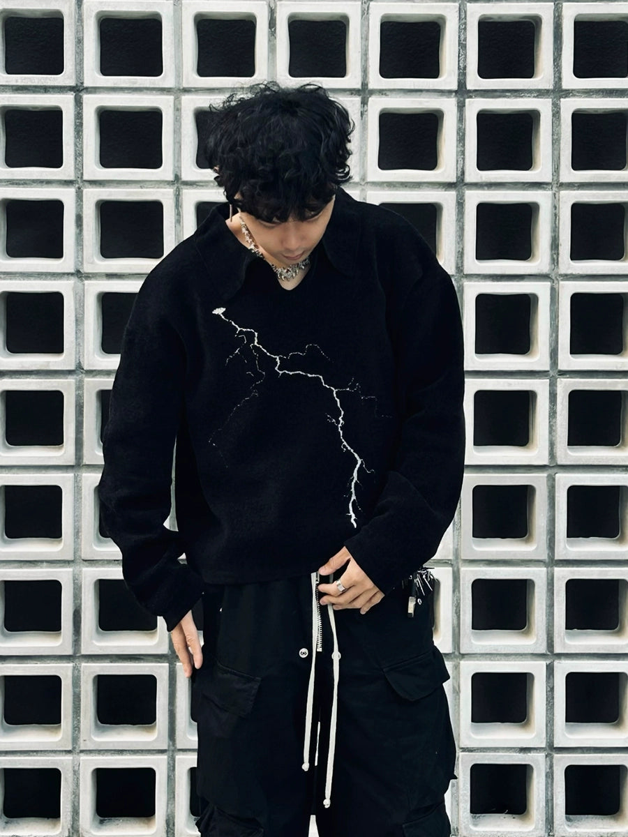 PAIKI Lightning Power V-neck Long-sleeved Knitted Sweater