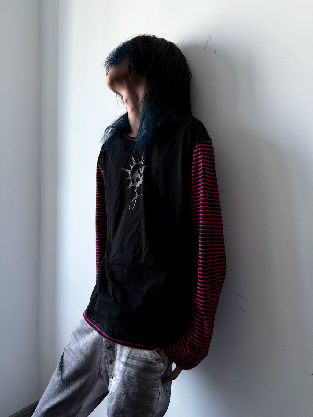PAIKI Headphones Skull Striped Splicing Long-sleeved Sweater