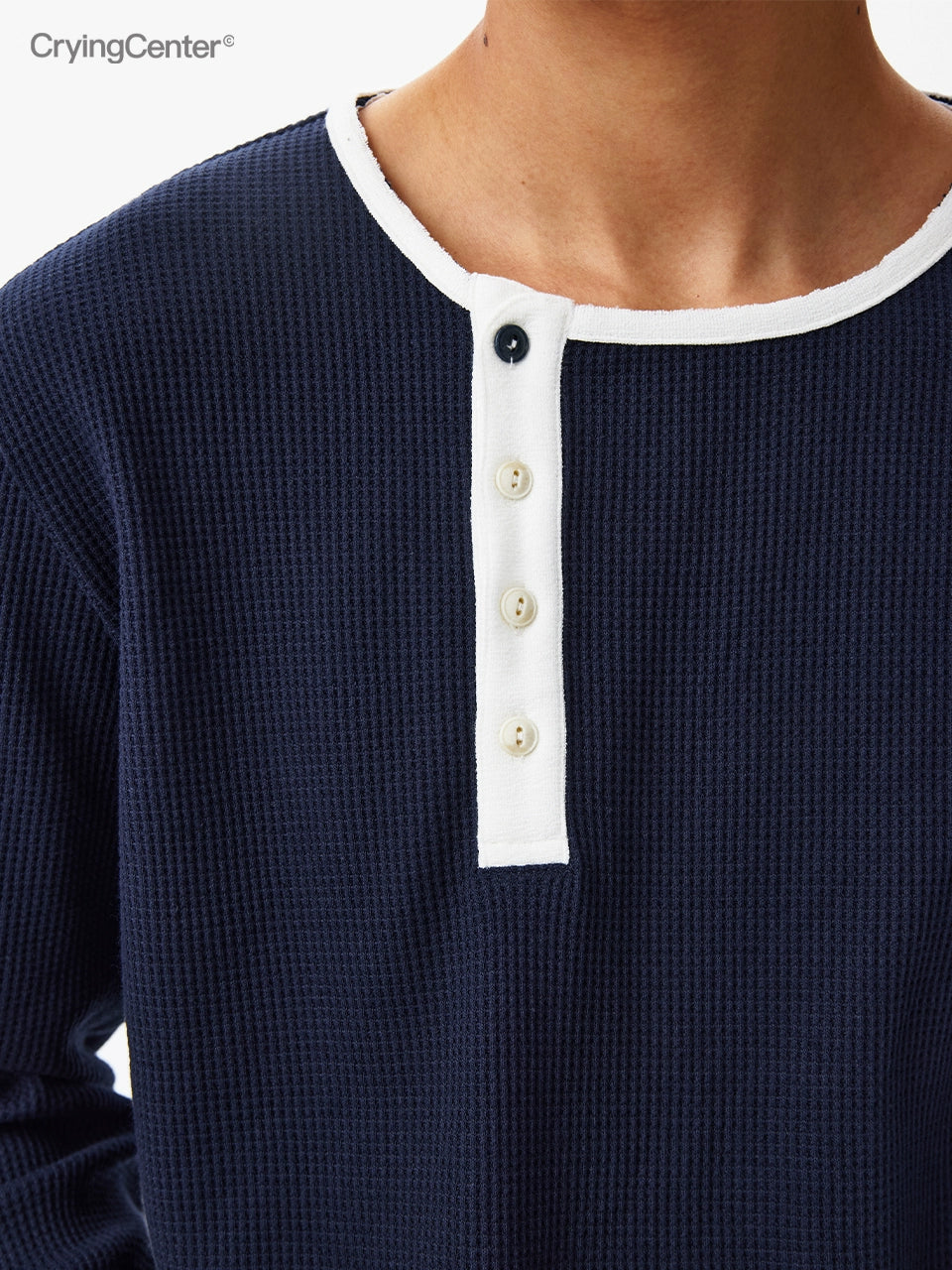 CryingCenter Waffle Diagonal Placket Two-color Button Round Neck Long Sleeve