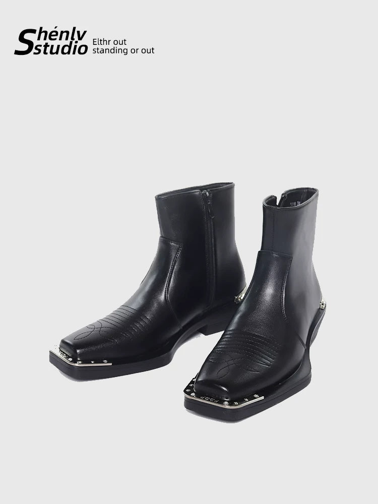 SHENLV STUDIO Square Head High-heeled Embroidered High-top Leather Shoes