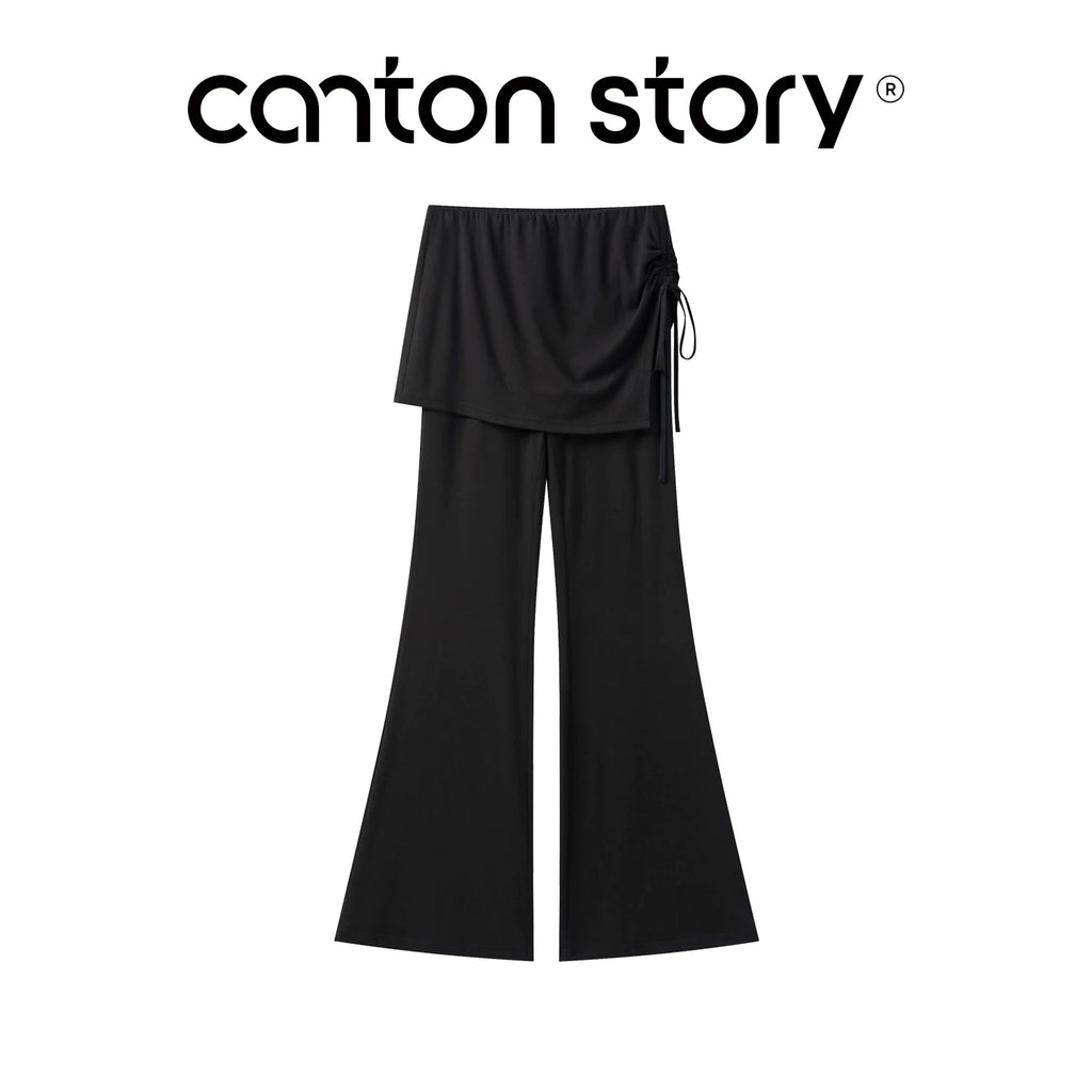 Cantonstory Fake Two-Piece High Waist Fart Curtain Casual Pants
